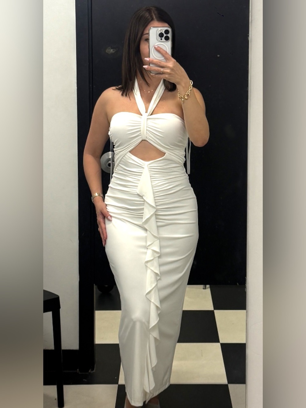 Bloomingdale's White Strapless Halter Cutout Ruffle Midi Dress